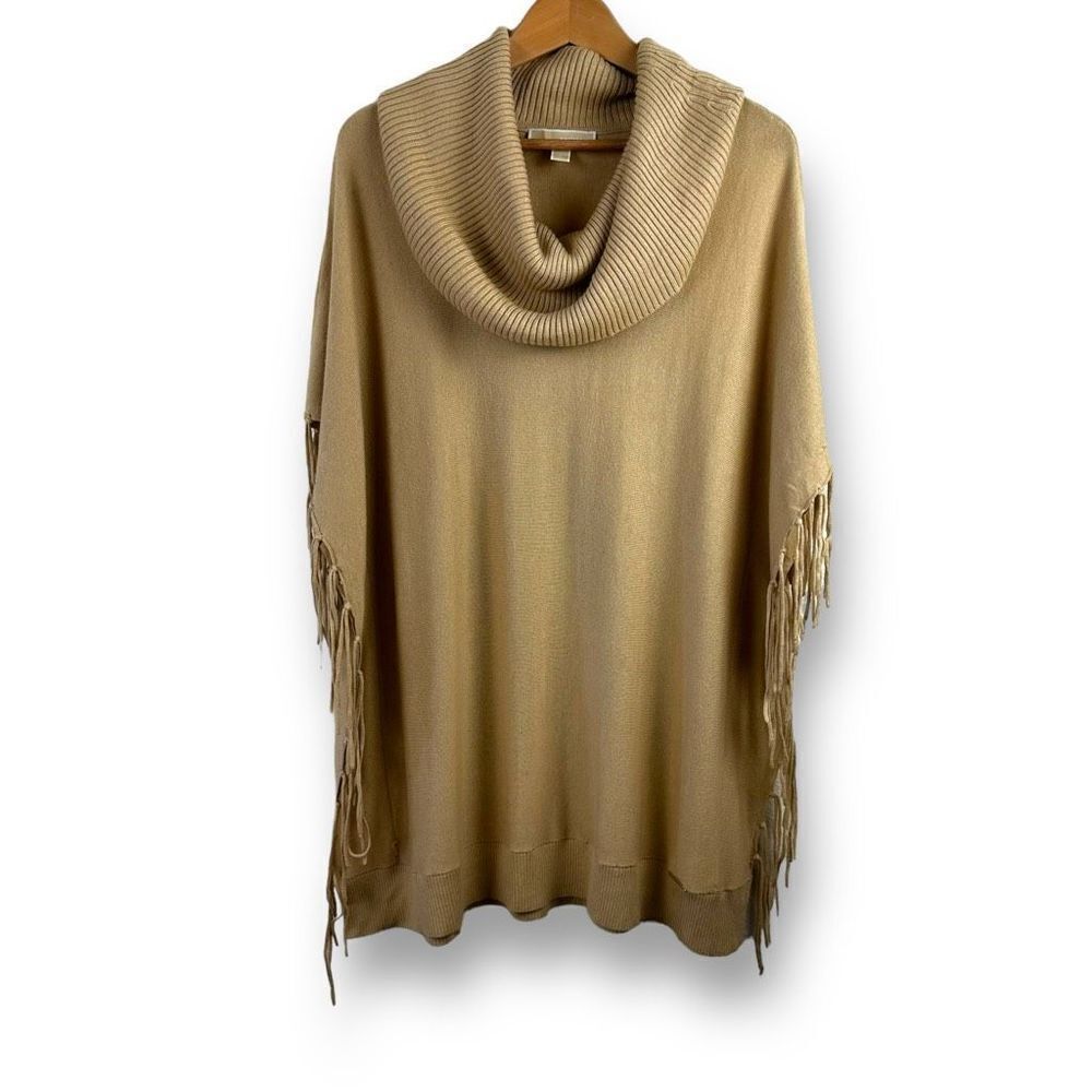Michael Kors Women's Size L Cowlneck Fringe Poncho Sweater Tan Relaxed Pullover